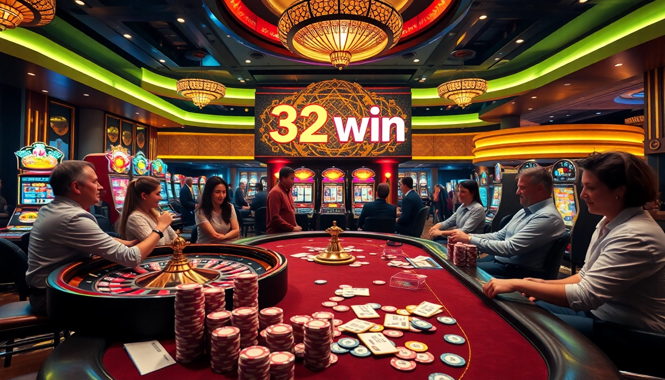 Experience 32 win excitement at a vibrant casino floor filled with poker tables, roulette, and slot machines.