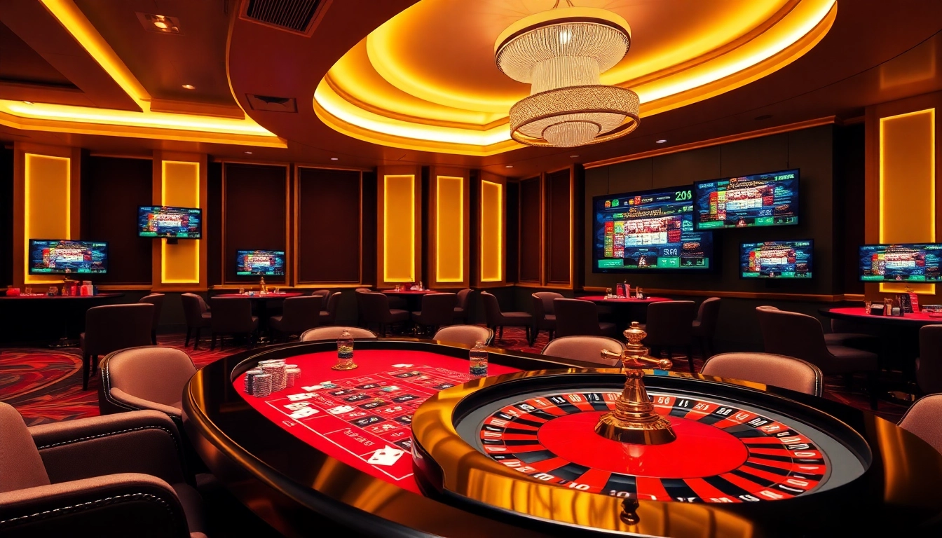 Experience the thrill of online gambling with LC88 APK, showcasing a luxurious casino atmosphere with vibrant casino tables and exciting gameplay.