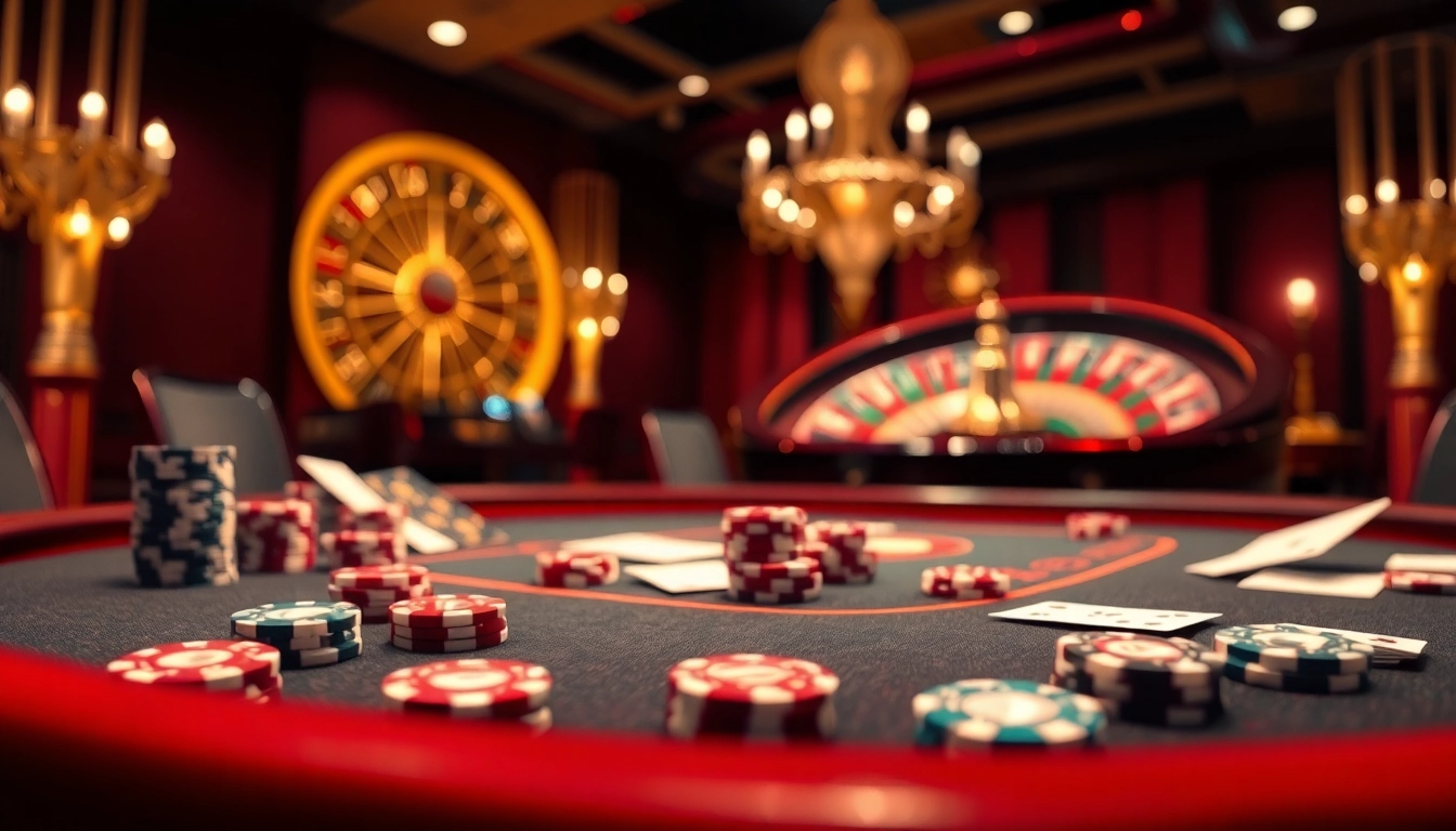 Experience the exciting online gambling interface of rikvip.gb.net with a luxurious casino atmosphere featuring poker and roulette elements.
