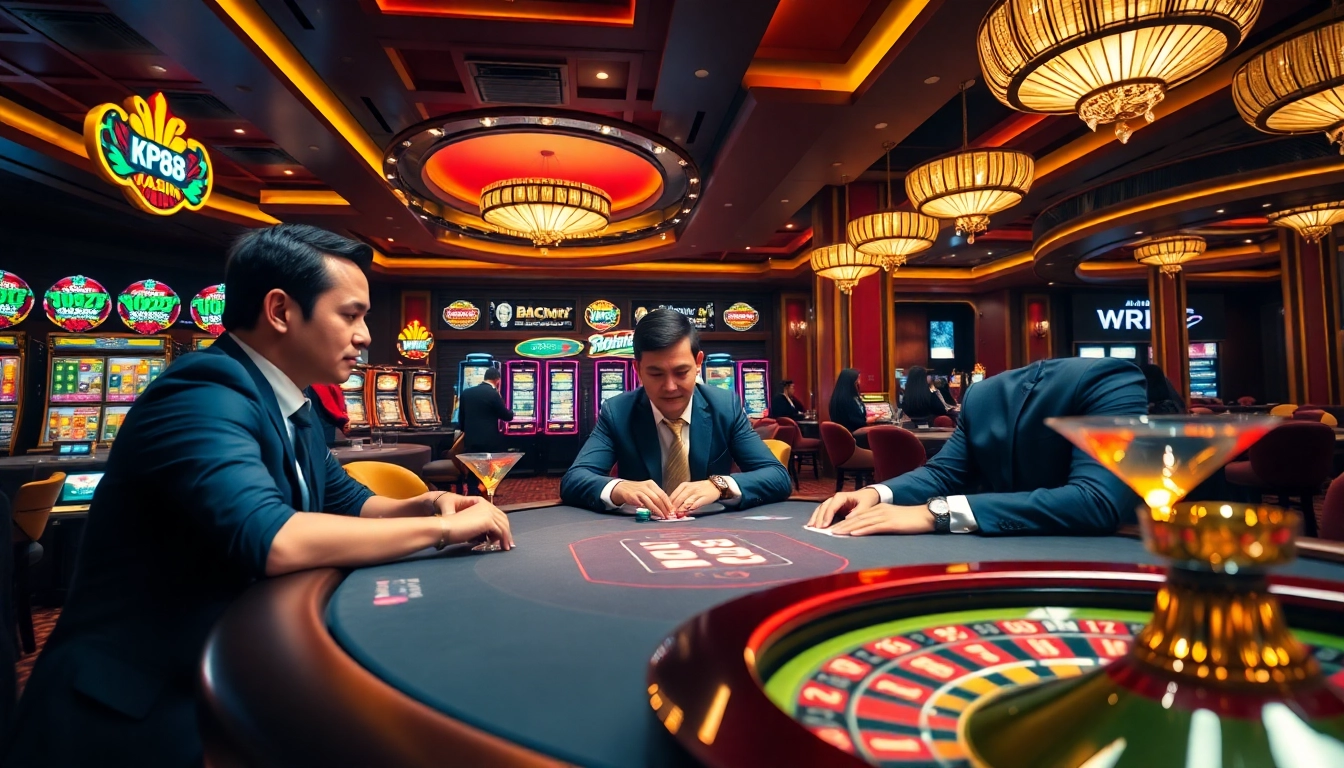 Experience kp88 bet at a luxurious casino with poker players and vibrant slot machines.