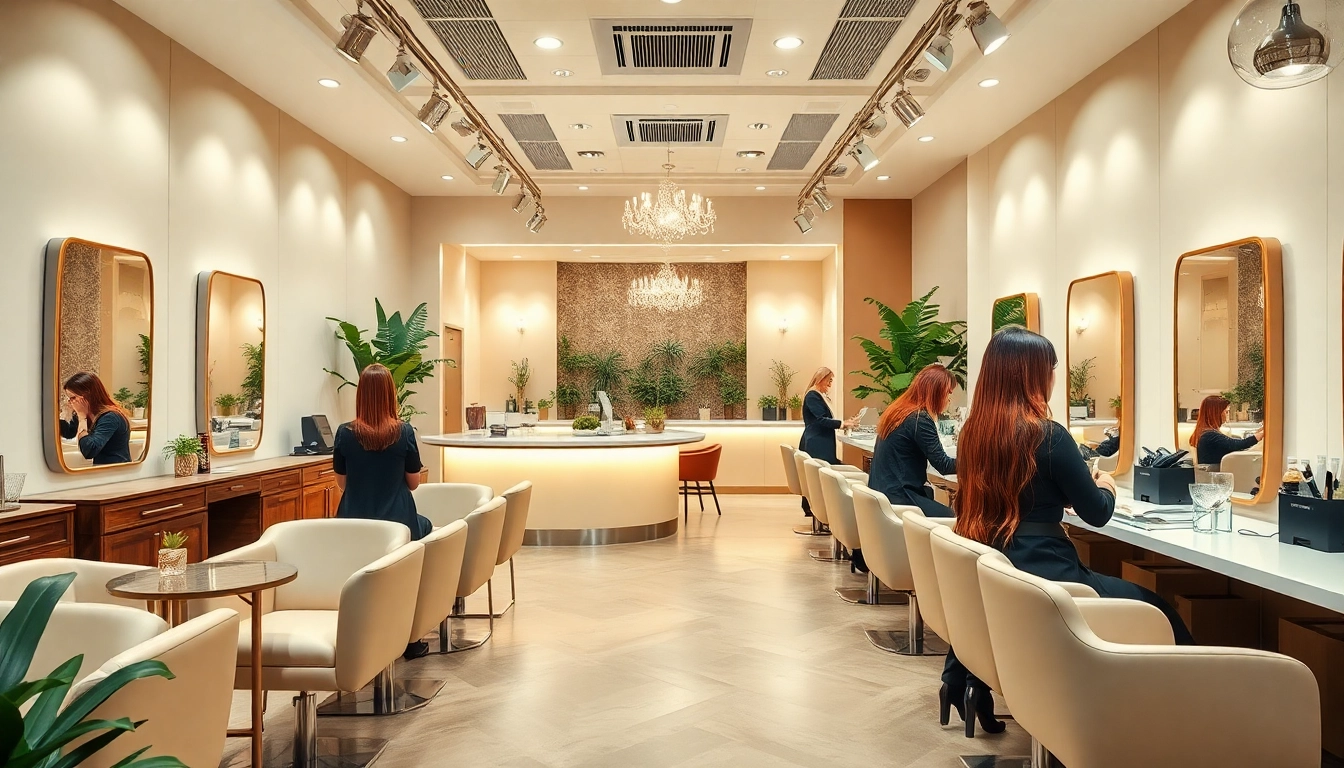 Stylish interior of the addendum salon showcasing elegant styling stations and clients receiving hair services