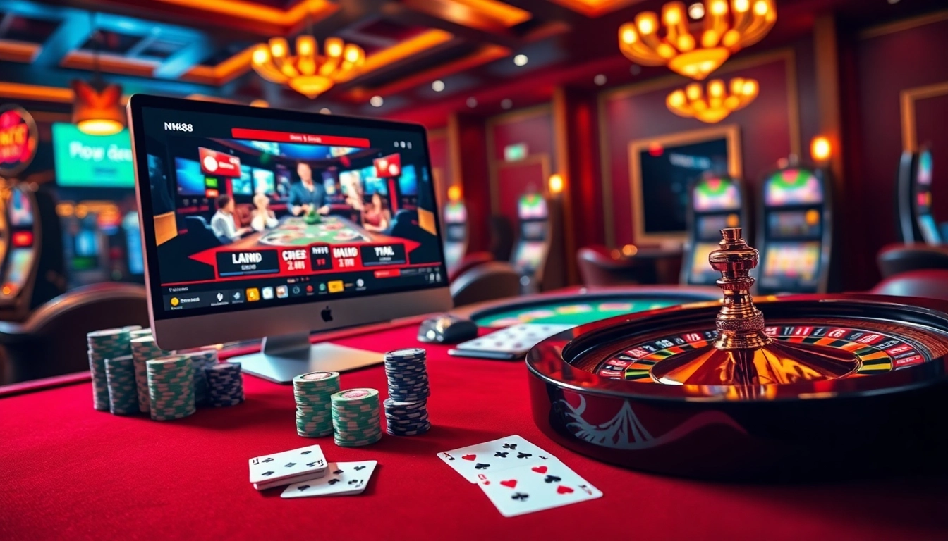 Experience the thrill of Trang chủ NK88 with vibrant casino visuals featuring live dealer games, colorful poker chips, and roulette wheels.