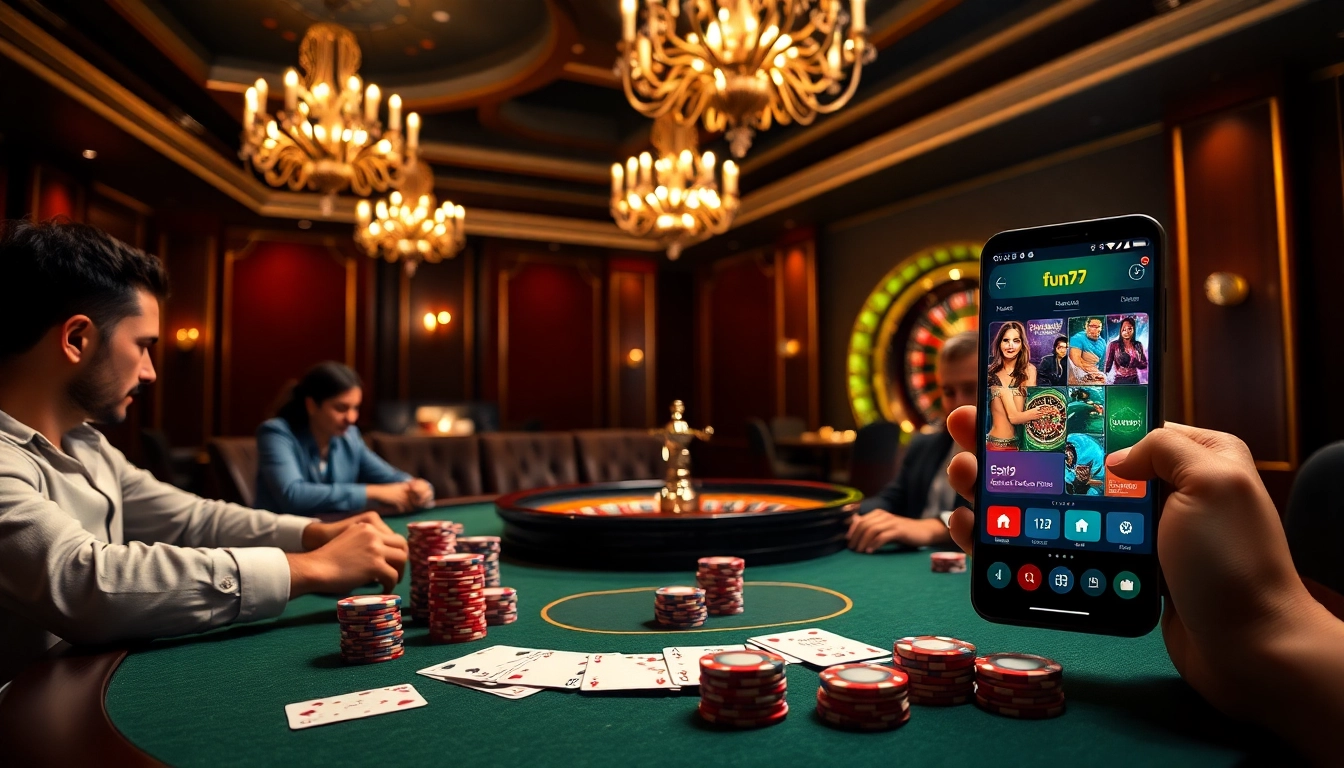 Exciting poker game scene with players engaging and displaying the fun79 app on a smartphone.