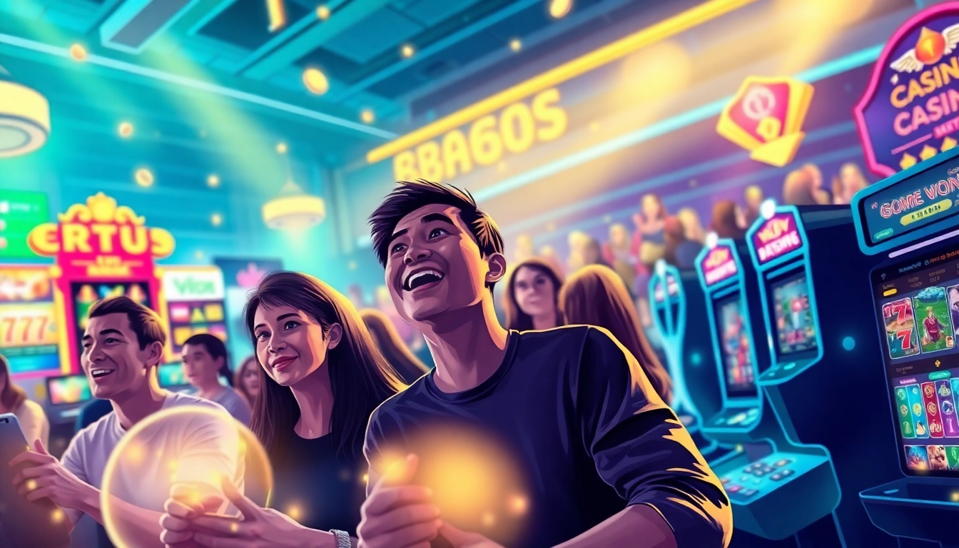 Bk860s.com vibrant online gambling platform illustration, showcasing diverse players in an exciting gaming atmosphere.