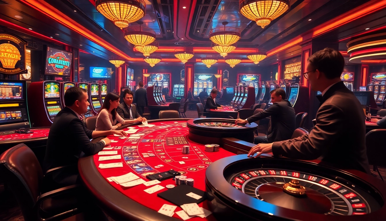 Exciting betting at loto188.gb.net featuring vibrant casino tables, strategic gamblers, and a luxury atmosphere.