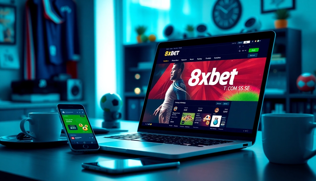 Engaging online betting experience at 8xbet.com.se with modern workspace and sports elements.