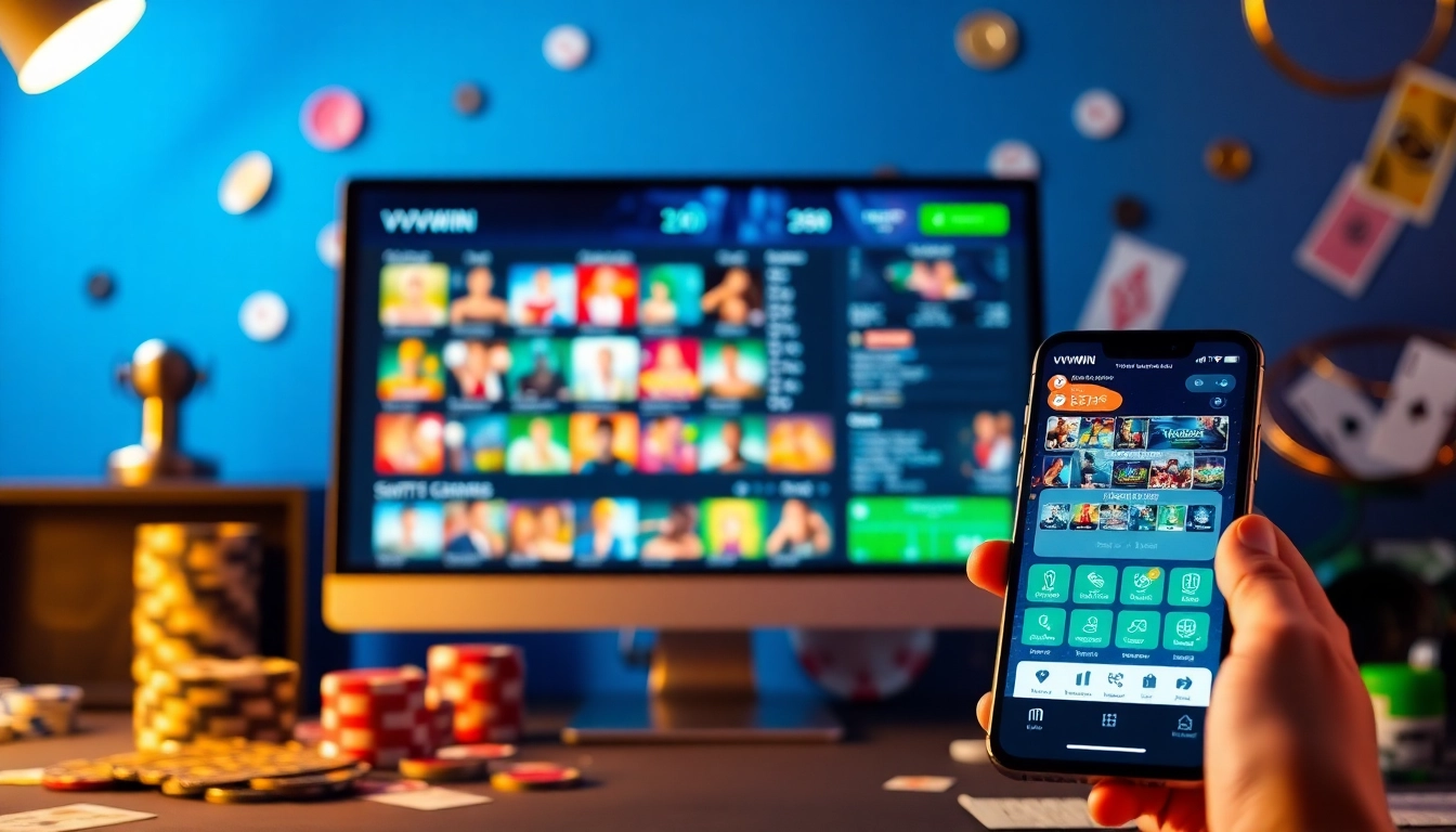 Engage with vvvwin88.live's dynamic online gaming experience, featuring a smartphone and vibrant casino elements.