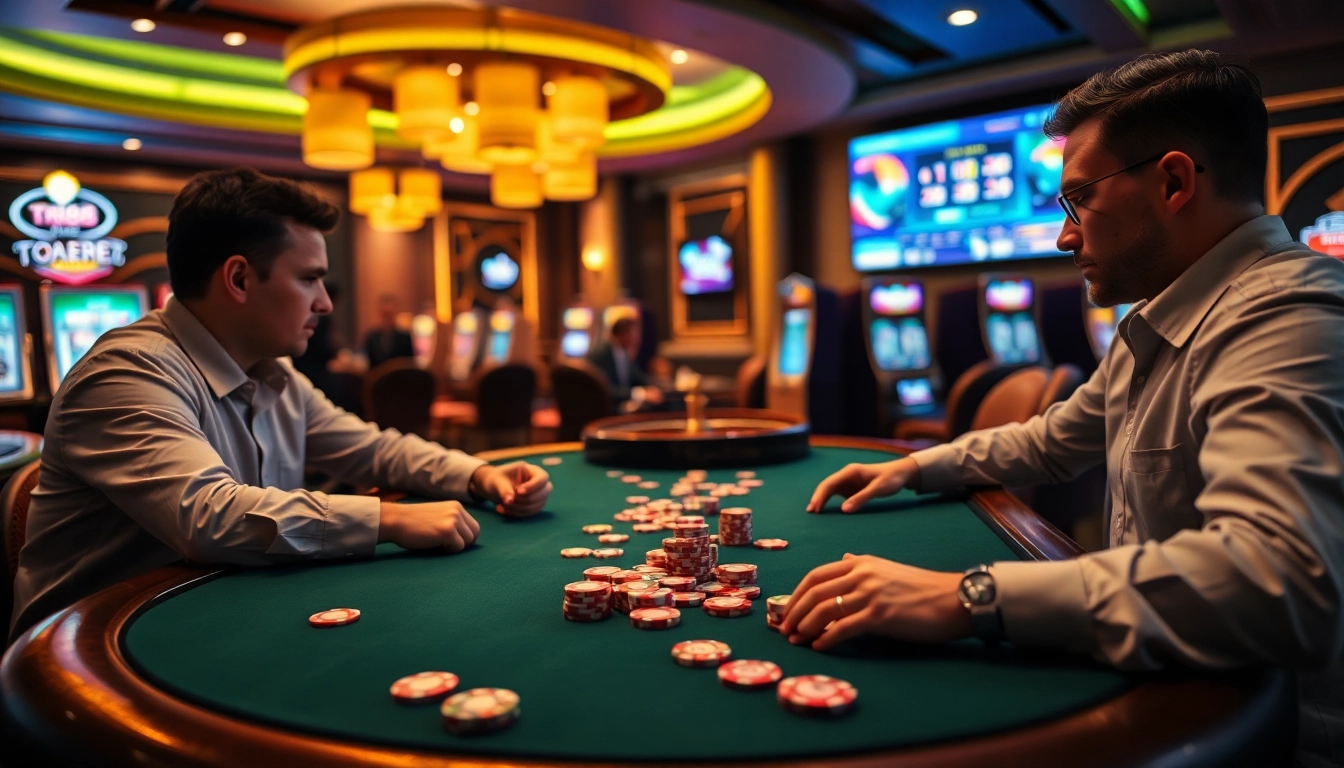 Players strategizing at a high-stakes table while placing their tr88 bet amidst a vibrant casino backdrop.