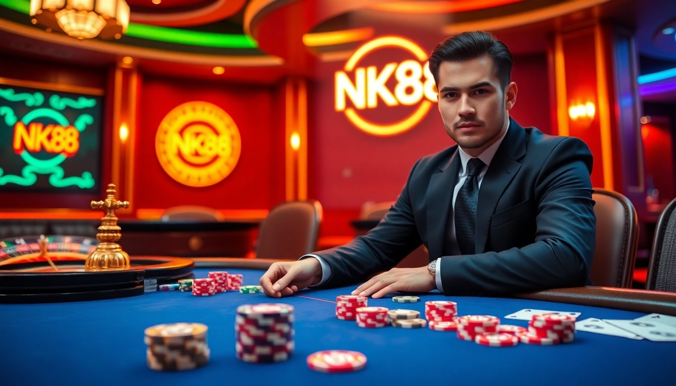 Experience the thrill of winning at NK88 with poker chips and vibrant casino games.