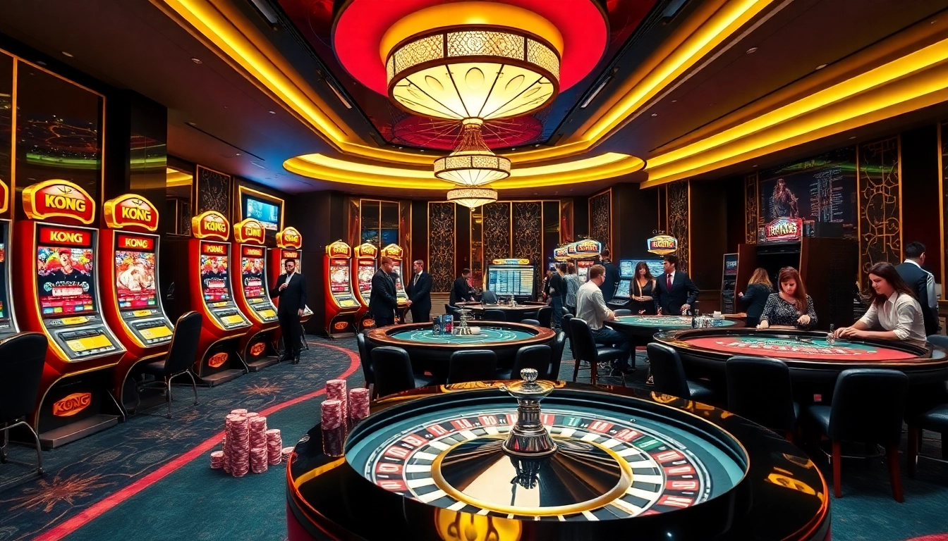 KONG 88 slot machines and vibrant poker tables capture the excitement of luxury gambling experiences.
