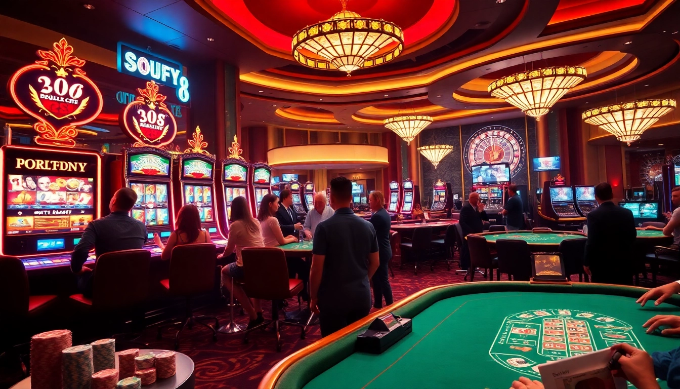 Rasakan suasana mendebarkan dari surya88 dengan pemain di mesin slot dan meja kasino yang penuh warna.