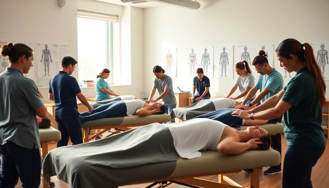 Experience hands-on techniques in a sports massage course, featuring diverse professionals practicing in a serene training studio.