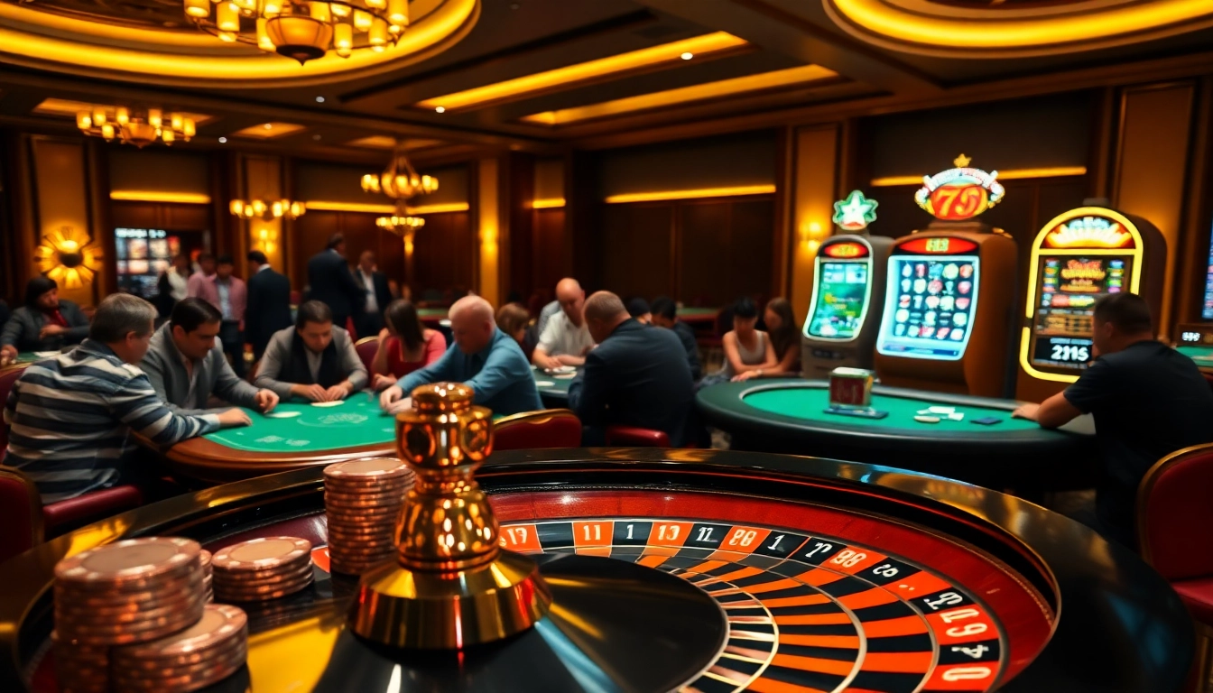 Excited players strategizing at a poker table in a vibrant casino, highlighting s8 org's thrilling atmosphere.