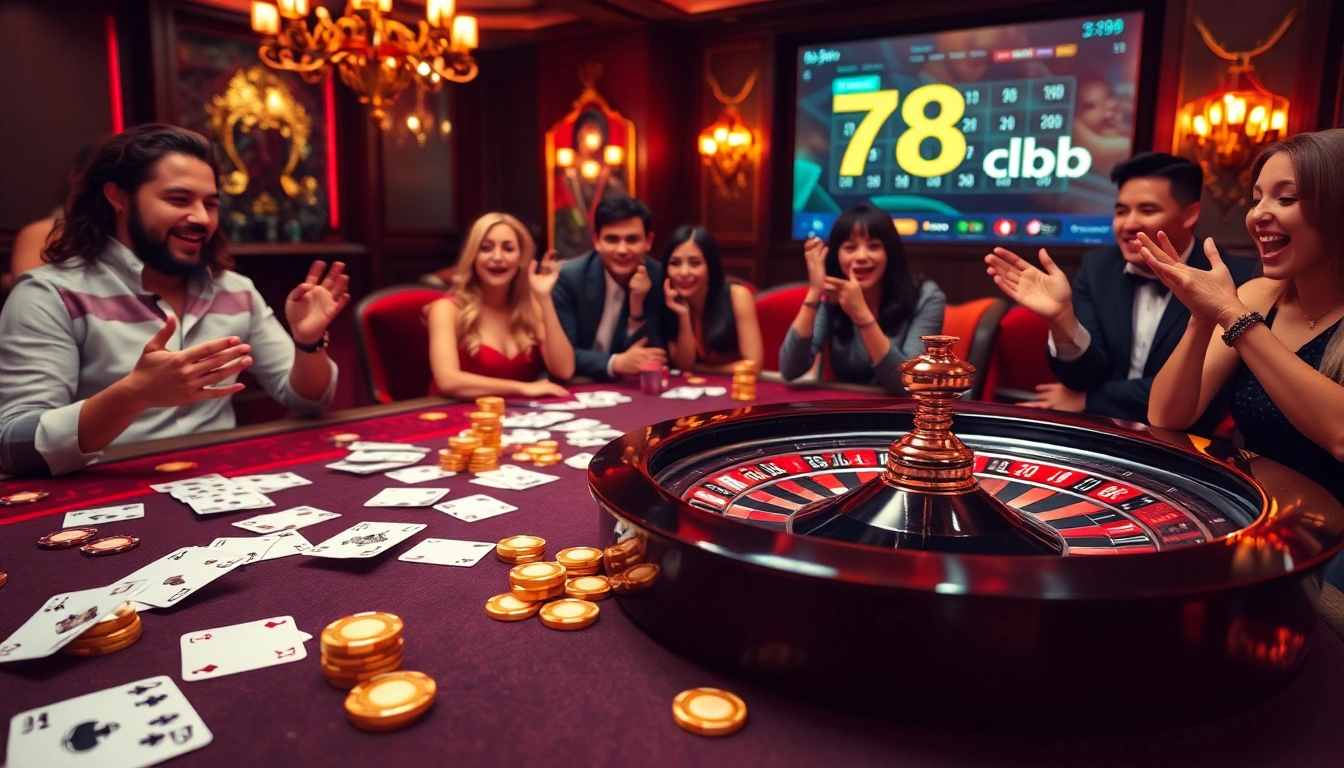 Players enjoying an exciting poker game at 789club casino table, showcasing vibrant chips and cards.