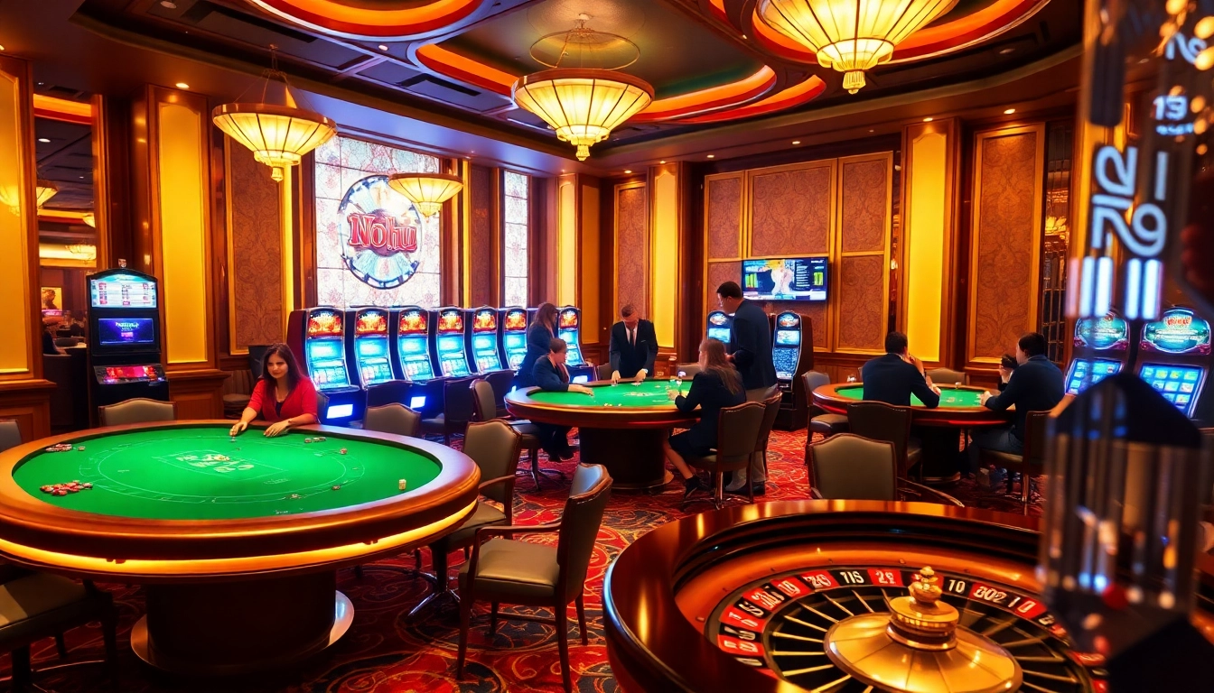 NoHu-themed casino showcasing vibrant games and luxurious decor for excited gamblers.