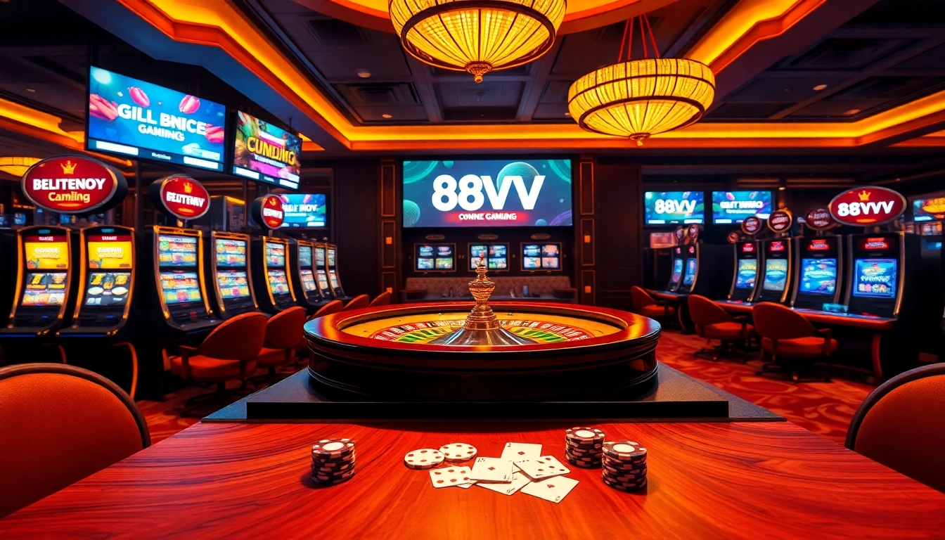 Players excitedly engage with slot machines at 88VV casino, showcasing thrilling gambling experiences.