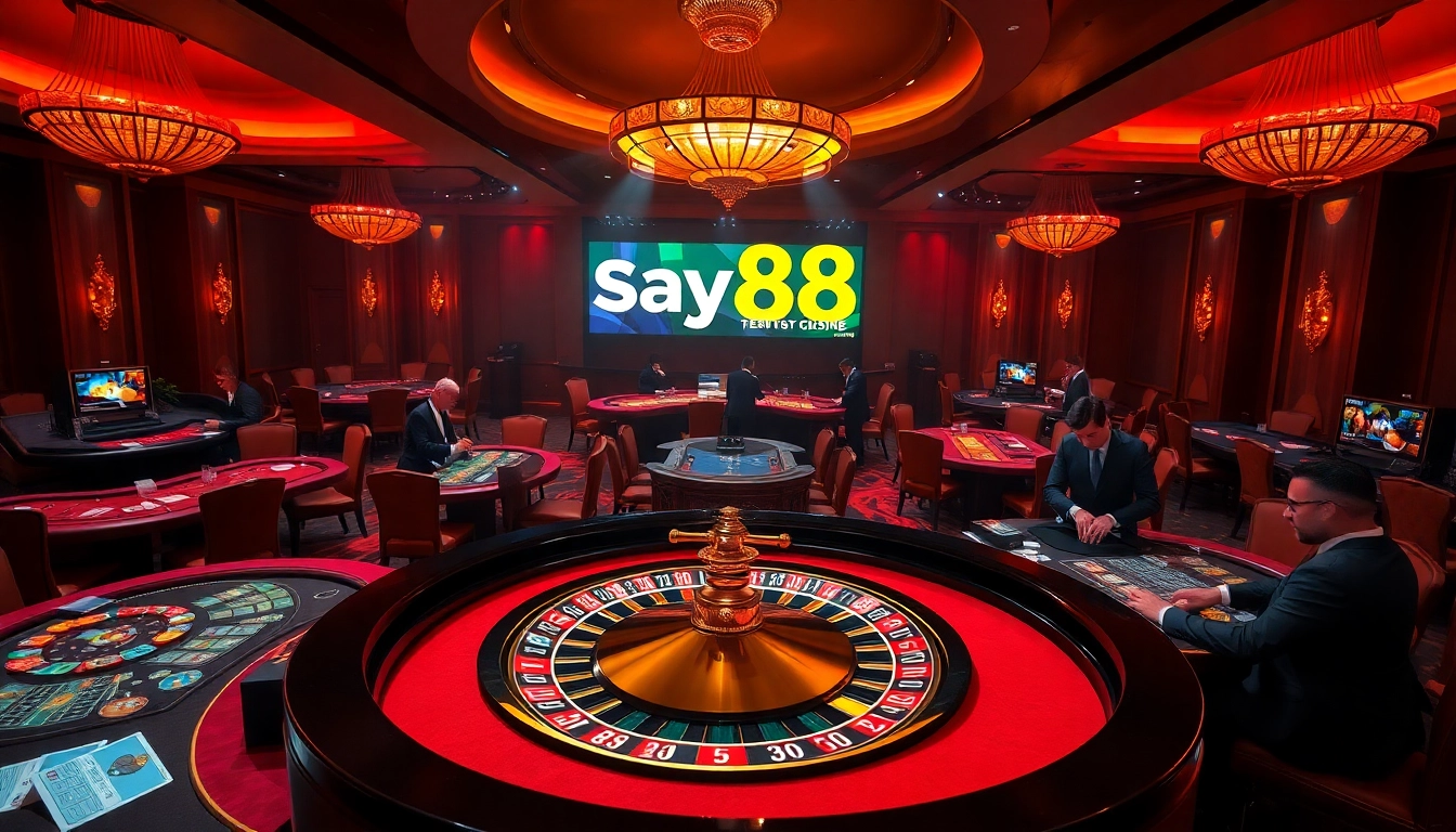 SAY88 players enjoying an exciting roulette game in a luxurious casino environment