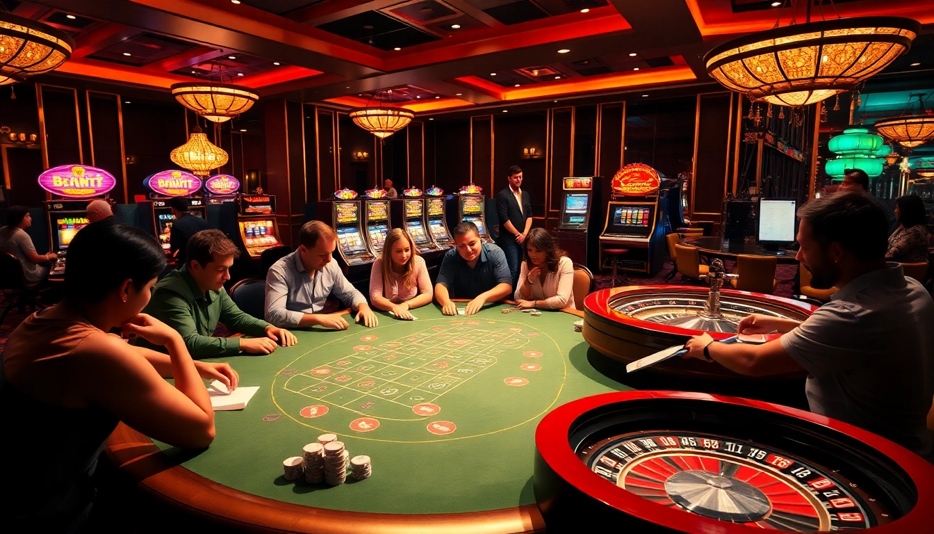 Experience the excitement at https://e2bet-games.org with a vibrant casino scene featuring poker players and slot machines.