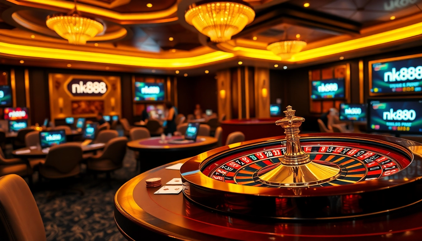 Players enjoying poker games at an elegant table in NK88 casino setting.