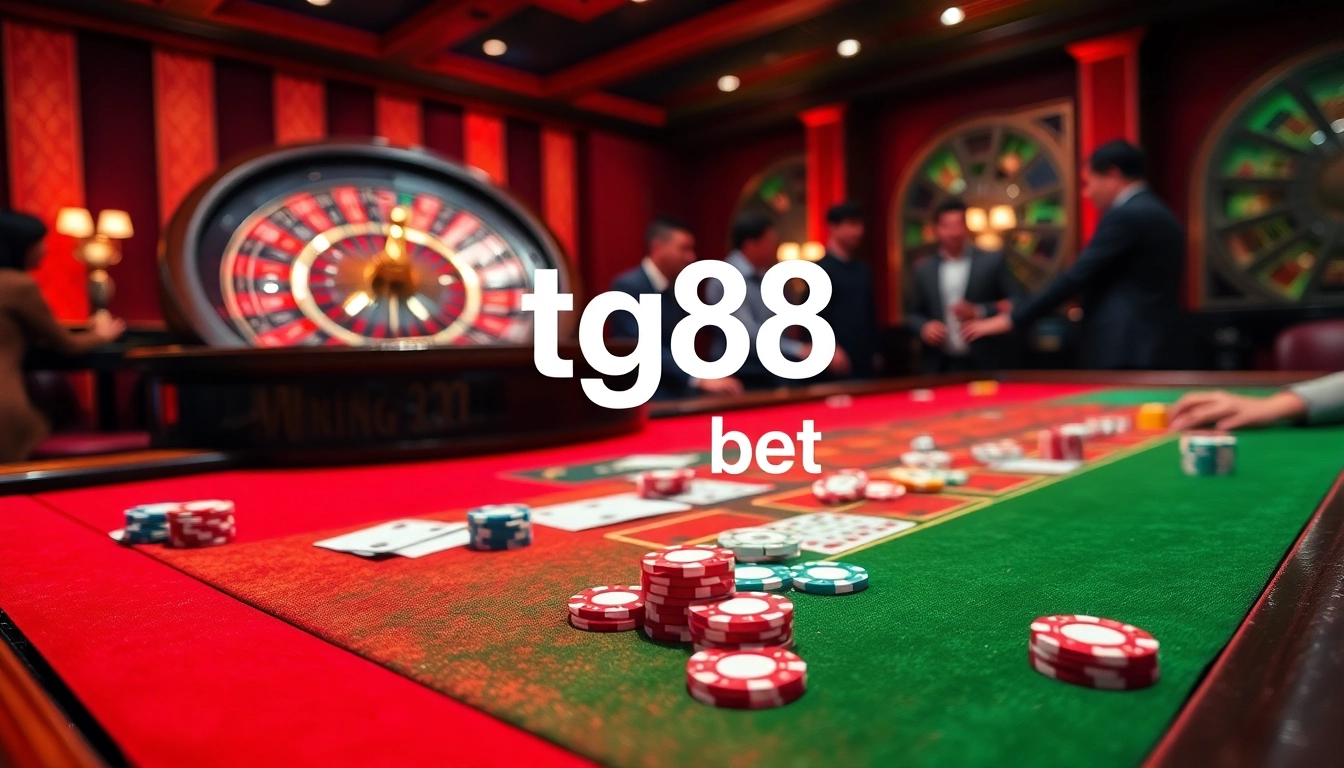 Exciting tg88 bet scene featuring casino tables with poker chips and vibrant roulette wheel.