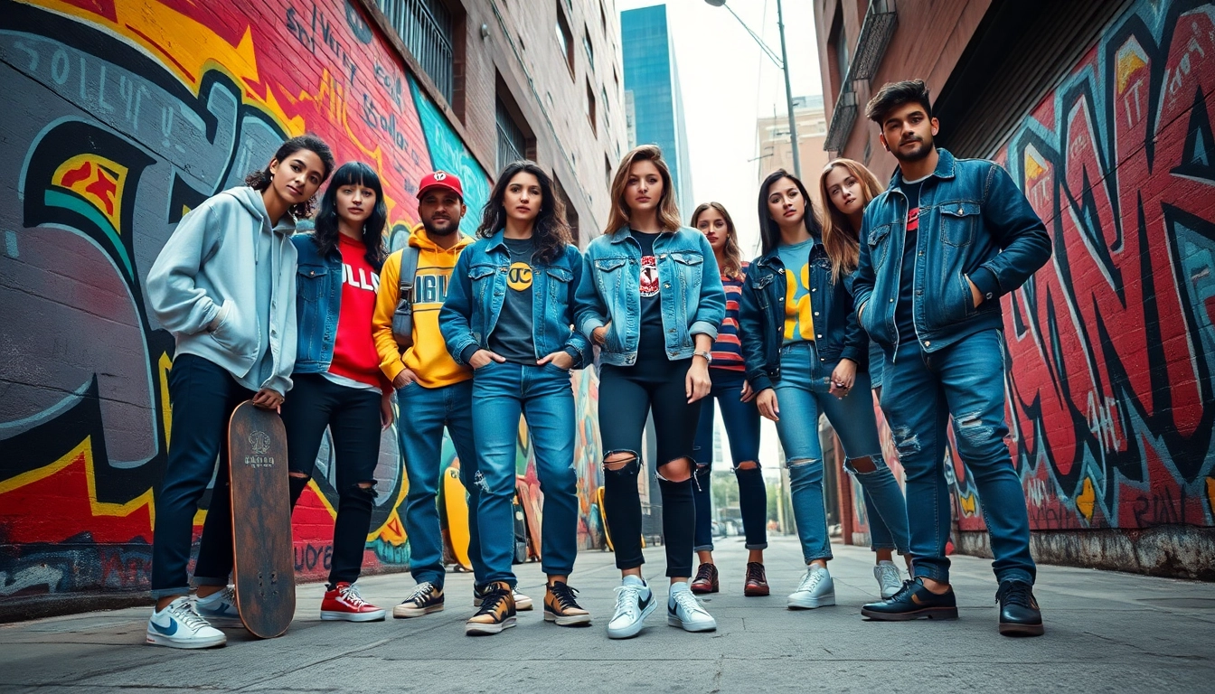 Young adults showcasing stylish streetwear clothes in an urban setting.