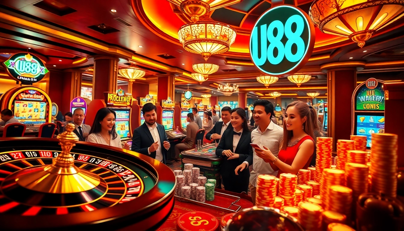 Engaged players enjoying the luxury of uu88 casino games, surrounded by vibrant slot machines and poker chips.