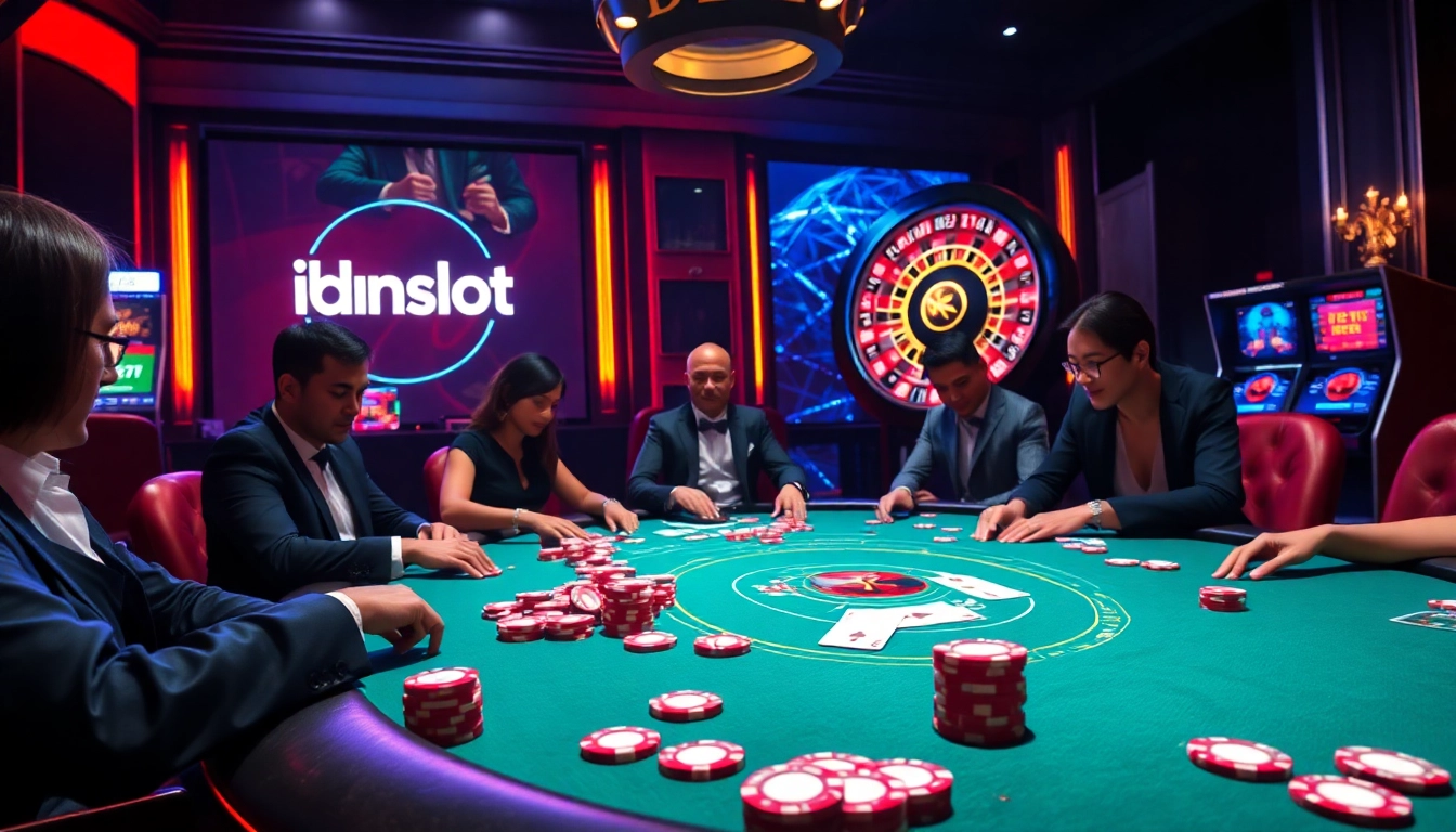 High-stakes players enjoying the thrill of idnslot at a luxurious casino table with vibrant neon lights.